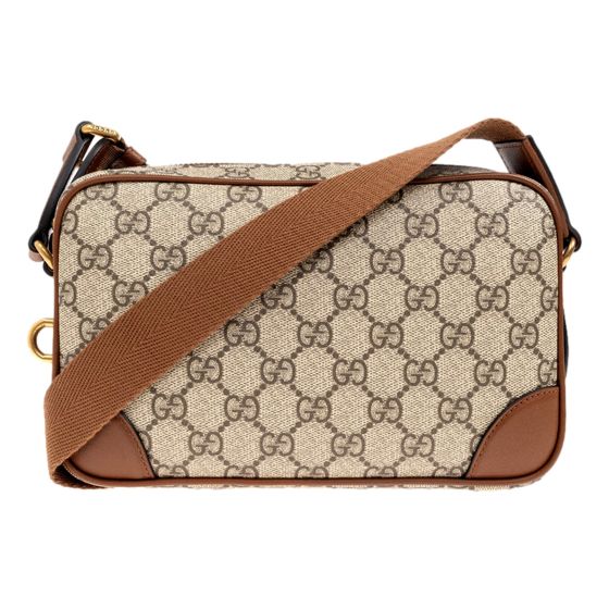 Gucci GG Supreme Canvas Brown Leather Camera Bag Crossbody