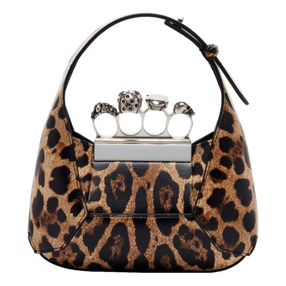 Alexander McQueen Leopard Print Jewelled Shoulder Bag Skull Knuckle