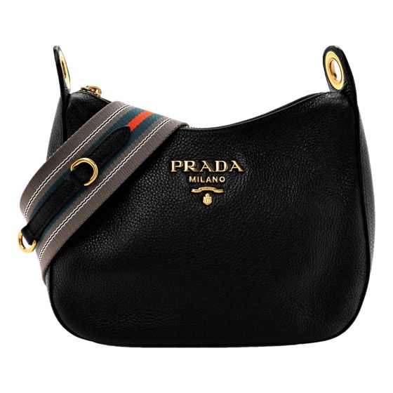 Prada Vitello Phenix Zippered Messenger Hobo Black Leather Shoulder Bag
