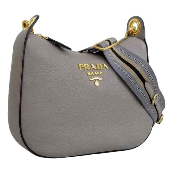 Prada Vitello Phenix Zippered Messenger Hobo Grey Leather Shoulder Bag