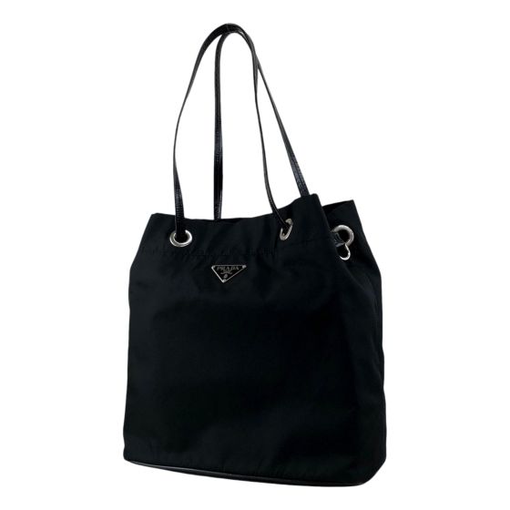 Prada Vintage Tessuto Triangle Logo Drawstring Handbag Totebag Black