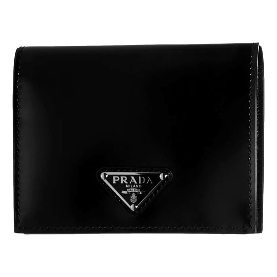 Prada Bifold Black Polished Leather Triangle Logo Card Holder Wallet