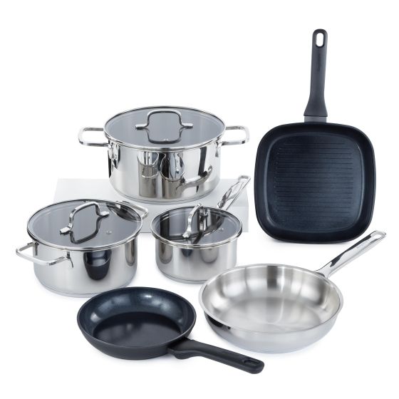 DiNA Helix 9pc Recycled Stainless Steel Cookware Set with Non-Stick Ceramic Fry and Grill Pan