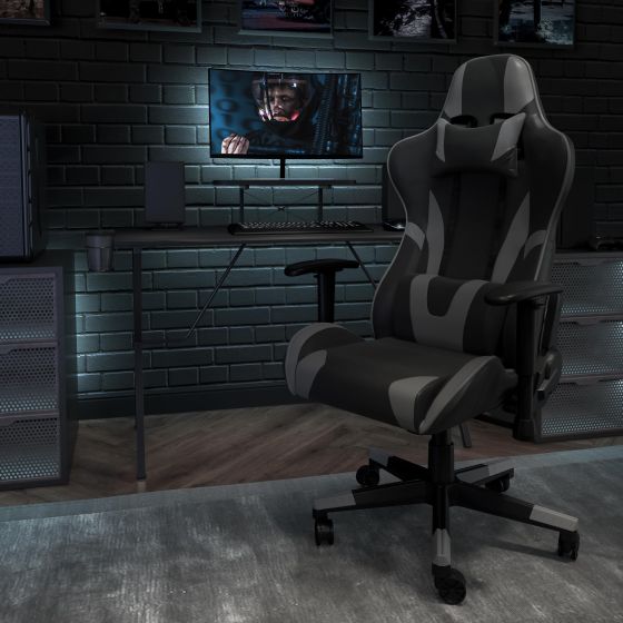 Racing Gaming Ergonomic Chair with Reclining Back, Footrest in Gray LeatherSoft