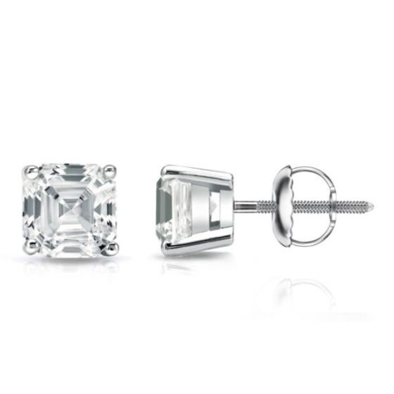 Bright White Pristine Asscher Lab Grown Diamond Screwback Stud in 14K White Gold 2.10ct, GH, VS