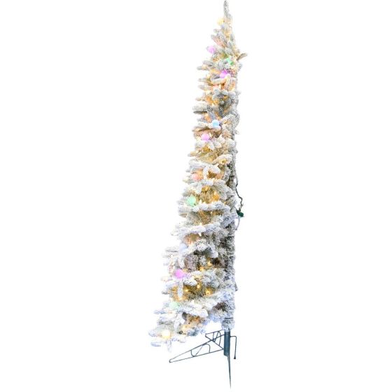 6.5-ft. Snowy  Christmas Half Tree with Flock, Warm White LED, and Frosted G40 Multicolored Lighting