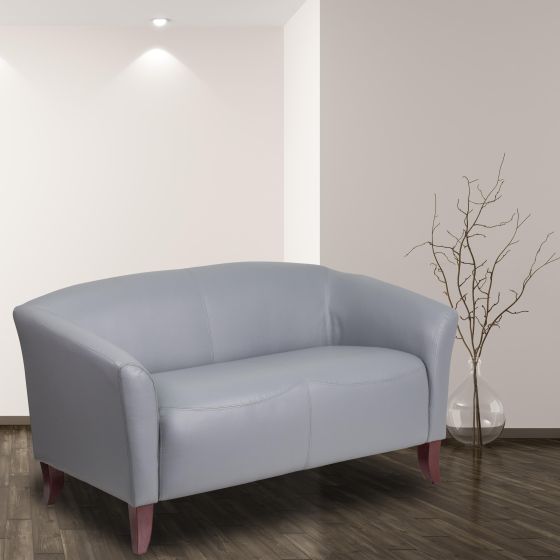 Gray LeatherSoft Loveseat w/ Cherry Wood Feet - Reception or Home Office Seating