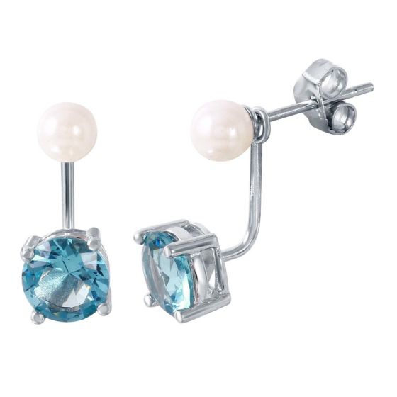 PARIKHS Rhodium Plated Pearl Light Blue CZ Earring in 925 Sterling Silver