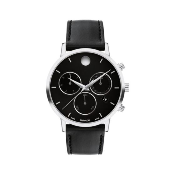 Men's Museum Classic Chronograph Silver & Black Leather Strap Watch Black Dial