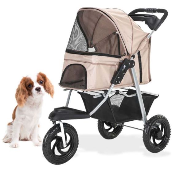 Single 3 Wheel Jogging Pet Stroller for Pets 55 Lbs. and Under with Storage Basket, Tan