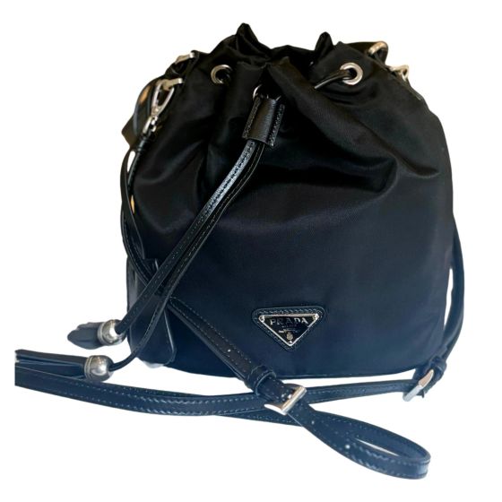 Prada Re-Nylon Black Tassel Drawstring Bucket Bag