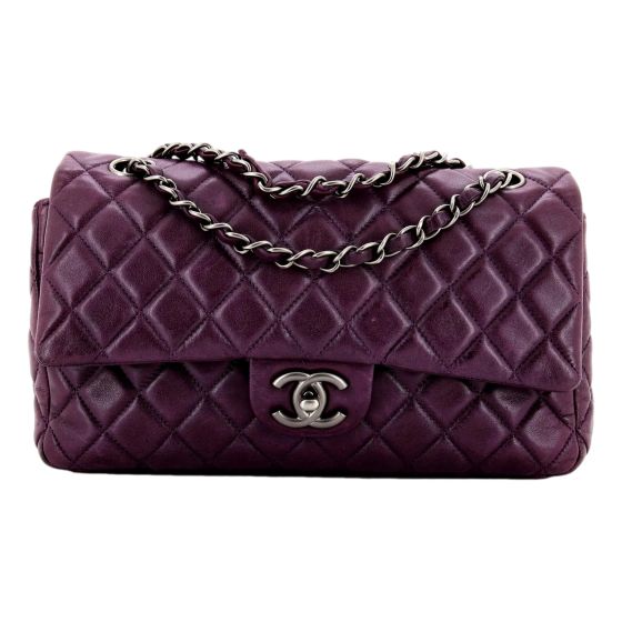Chanel Classic Flap Shoulder Bag in Purple Soft Lambskin Leather with Chain Strap