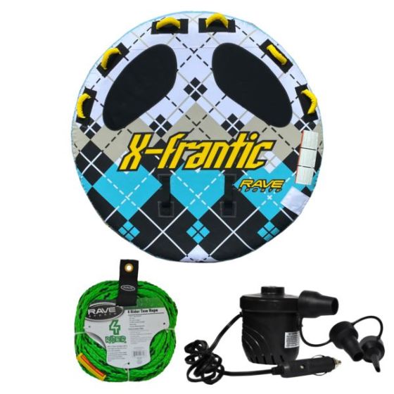 RAVE Sports - X-Frantic Towable, 1-Section 4-Rider Tow Rope, & High Pressure DC12V Electric Pump