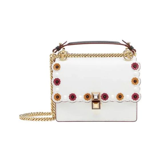 Fendi Kan I White Multi Color Flowers Leather Chain Bag