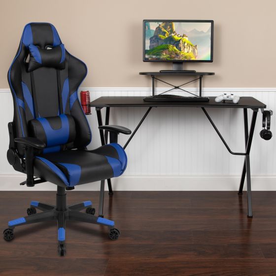 Gaming Bundle-Desk, Cup Holder/Headphone Hook & Blue Reclining Chair