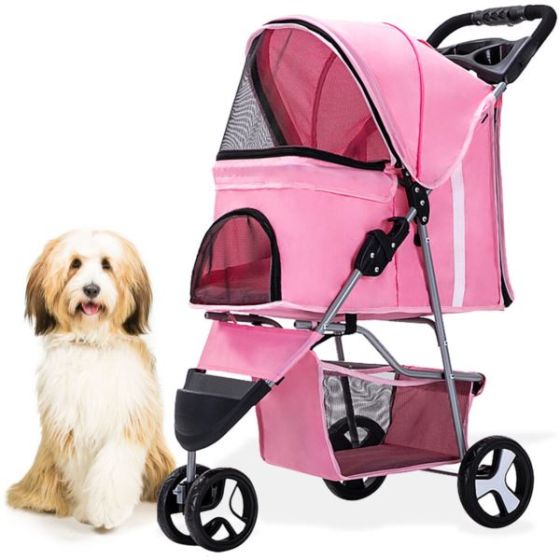 Single 3 Wheel Jogging Pet Stroller for Pets 33 Lbs. and Under with Storage Basket, Pink