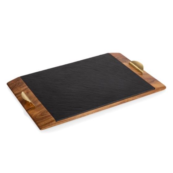 Covina Serving Tray - Acacia Wood & Slate Black with Gold Accents