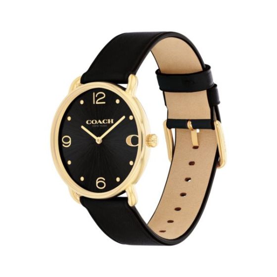 Ladies' Elliot Gold & Black Leather Strap Watch Black Dial
