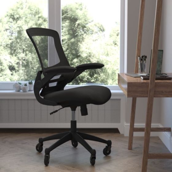 Ergonomic Swivel Task Chair with Roller Wheels & Flip Up Arms - Black Mesh