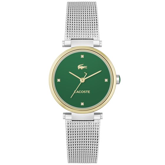 Lacoste Orba Ladies Watch. Stainless Steel Case & Mesh Bracelet. Green Dial with 4 diamond Markers.