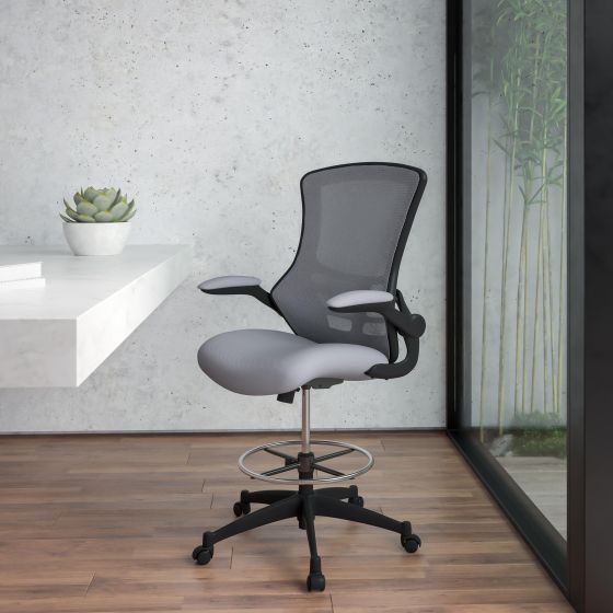 Mid-Back Dark Gray Mesh Ergonomic Drafting Chair with Foot Ring and Flip-Up Arms