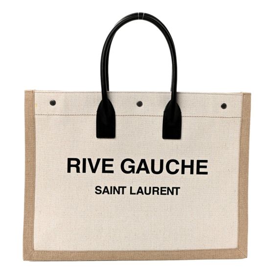Saint Laurent Rive Gauche Large Tote in Natural Beige Canvas with Black Top Handles