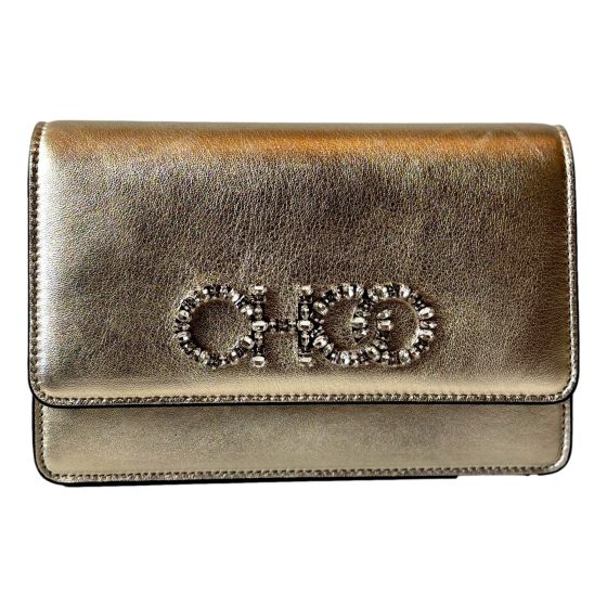 Jimmy Choo Kalina Crossbody Clutch Bag Crystal Logo Metallic Gold