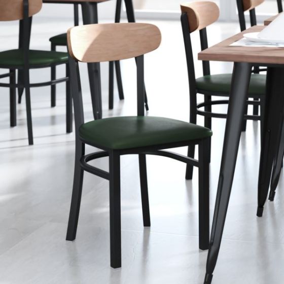 Commercial Metal Dining Chair - Vinyl Seat - Wood Boomerang Back-Green/Natural