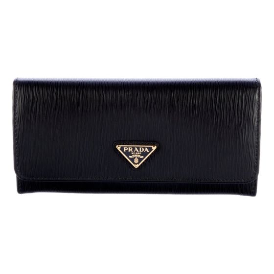 Prada Vitello Move Nero Black Leather Continental Long Wallet Gold Triangle Logo