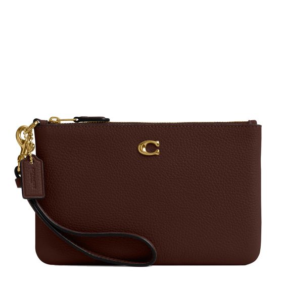Polished Pebble Leather Small Wristlet - Maple/Brass