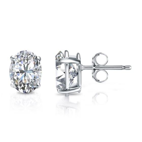 Bright White Pinnacle Oval Lab Grown Diamond Stud in 14K White Gold 2.90ct,Color-GH,Clarity-VVS