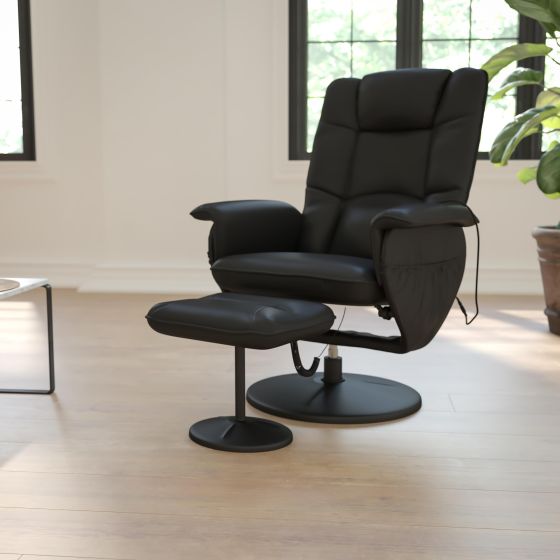 Black LeatherSoft Massaging Adjustable Recliner w/Ottoman w/Side Pocket