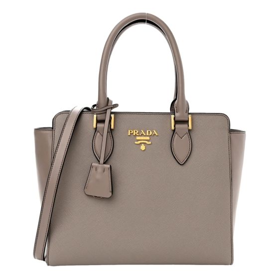 Prada Saffiano and Soft Calfskin Double Zipper Argilla Gray Tote Shoulder Bag