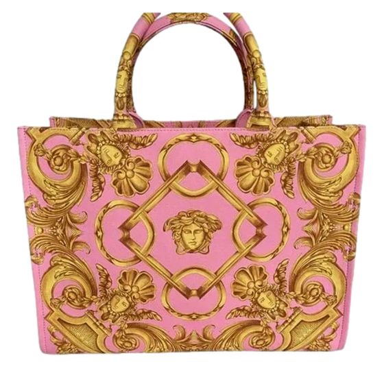 Versace Pastel Pink Signature Print Large Canvas Tote Designer Handbag