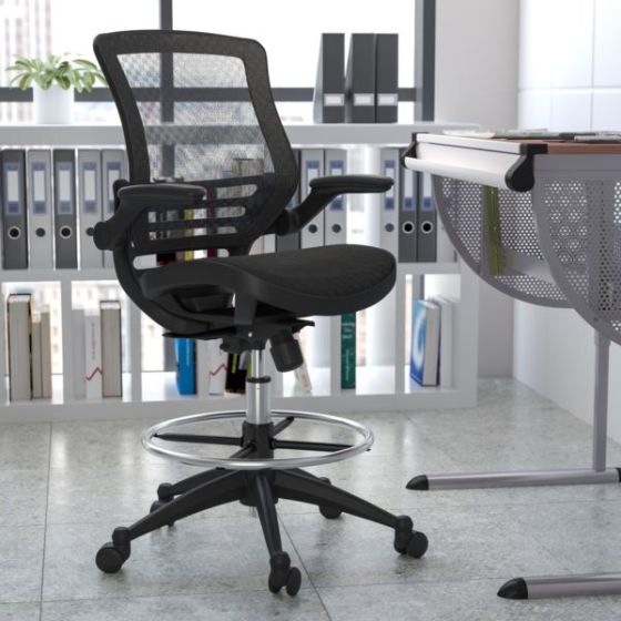 Gray Mid-Back Mesh Drafting Chair with White Frame and Flip-Up Arms