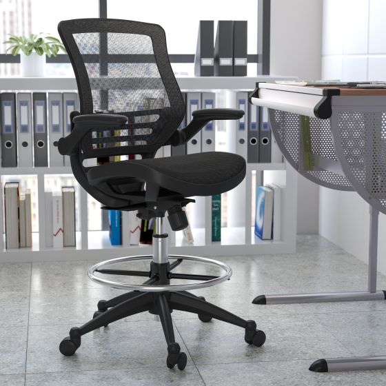 Black Mid-Back Transparent Mesh Drafting Chair with Black Frame and Flip-Up Arms