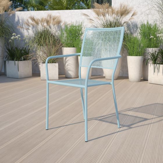 Sky Blue Indoor-Outdoor Steel Patio Arm Chair with Square Black - Bistro Chair