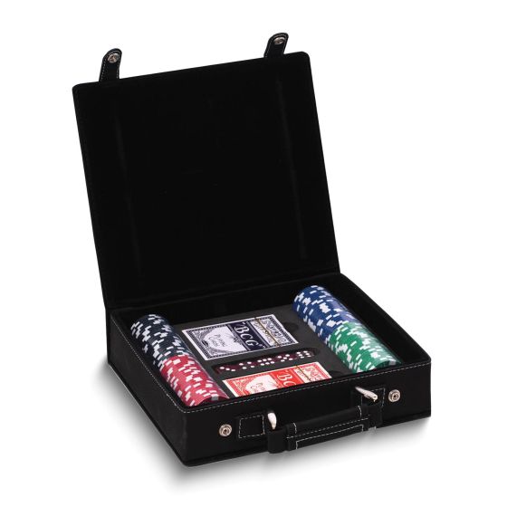 Black Leatherette Case 100 Clay Chips/2 Card Decks/5 Dice Poker Set