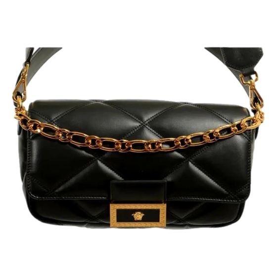 Versace La Medusa Quilted Black Calfskin Leather Crossbody Bag Gold Chain