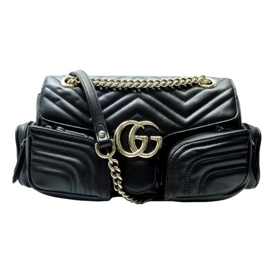 Gucci GG Marmont Dual Compartment Black Leather Shoulder Bag Gold Logo
