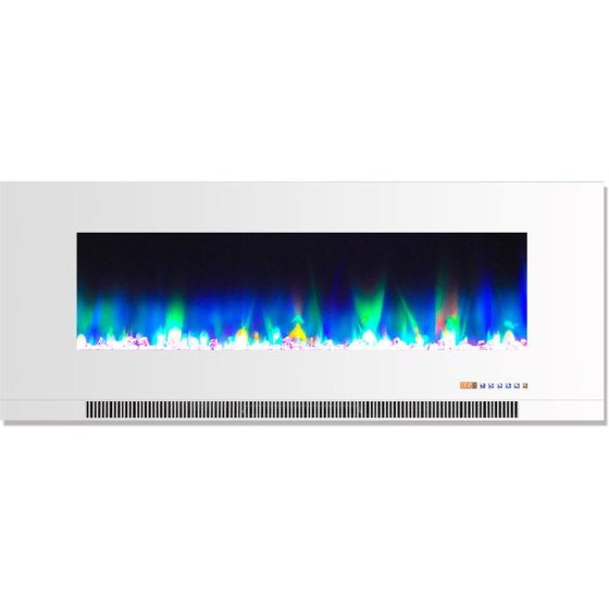 50-In. Wall-Mount Electric Fireplace in White with Multi-Color Flames and Crystal Rock Display