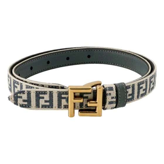 Fendi FF Denim Blue and White Canvas Leather Reversible Skinny Belt Gold Tone Buckle 80