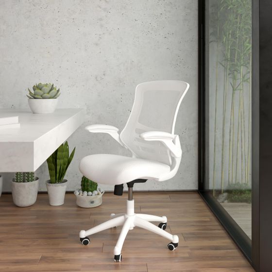 Mid-Back White Mesh Ergonomic Task Office Chair, White Frame - Flip-Up Arms