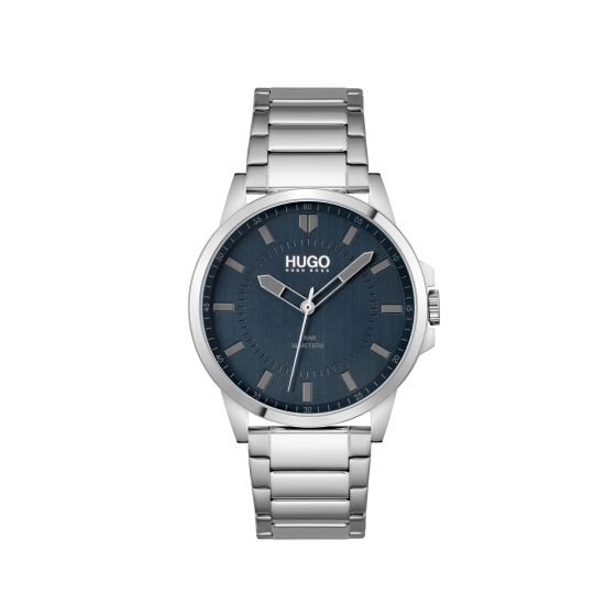 Mens First Silver-Tone Stainless Steel Watch Blue Dial