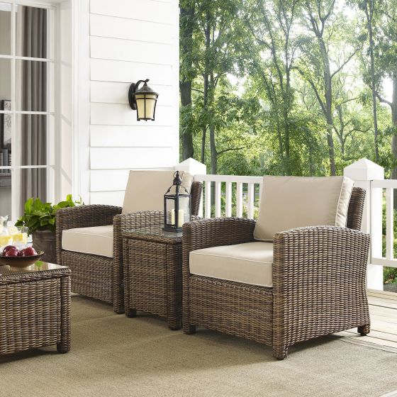 Bradenton 3-Piece Outdoor Wicker Conversation Set With Sand Cushions - Two Arm Chairs & Side Table