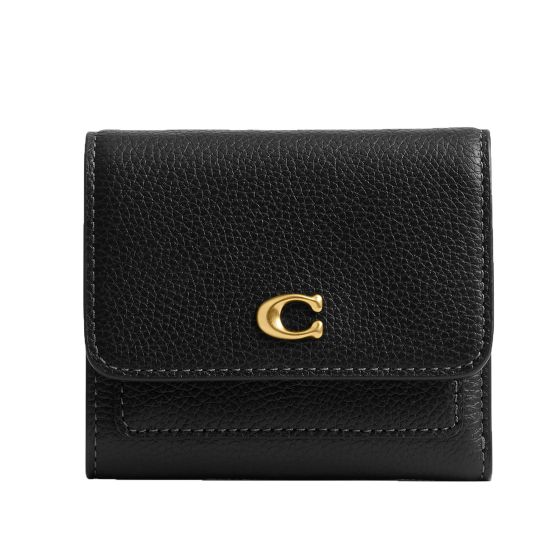 Polished Pebble Leather Mila Flap Wallet - Black/Brass