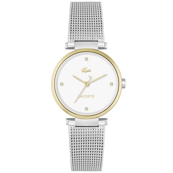Lacoste Orba Ladies Watch. Gold IP Case & SS Mesh Bracelet. White Dial with 4 diamond Markers.