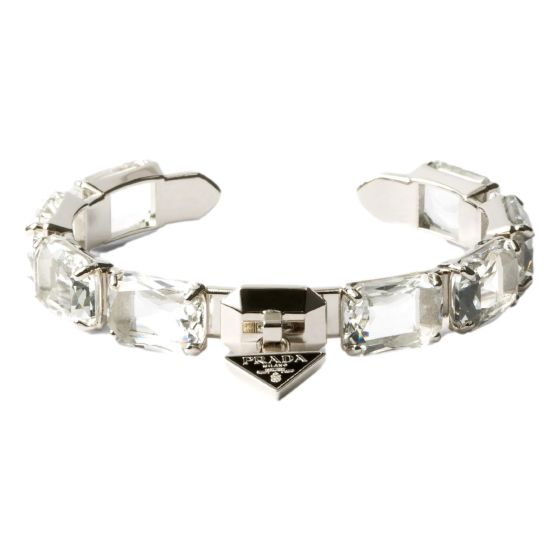 Prada Triangolo Silver Tone Crystal Cuff Bracelet Triangle Logo