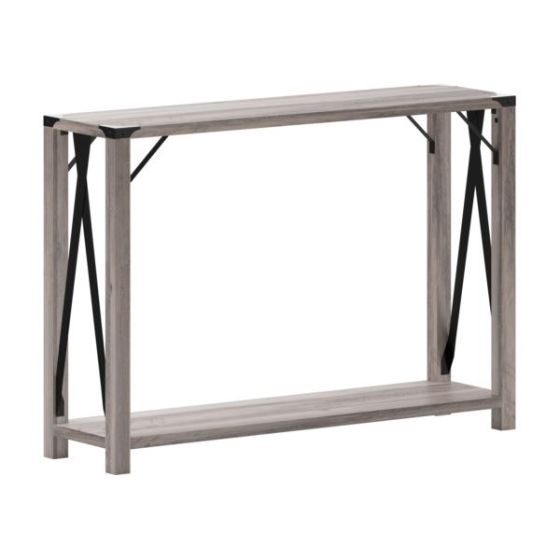 2-Tier Console Table with Black Metal Side Braces and Corner Caps - Rustic Oak