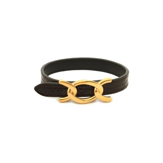 Saint Laurent Croc Embossed Black Leather Chain Bracelet